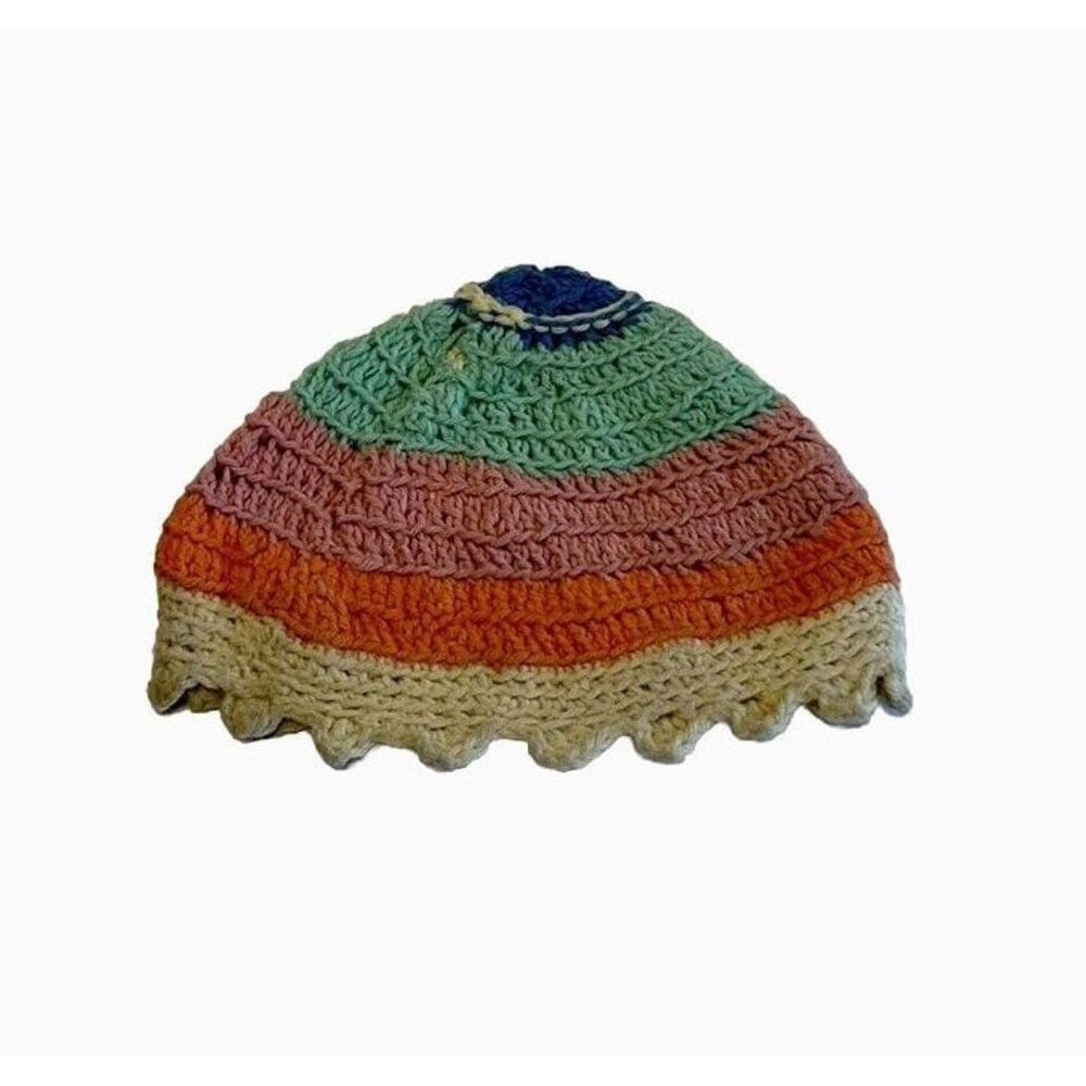 Handmade Crochet Rainbow Scalloped Edged Beanie Hipster Granny Core Snow Hat‎